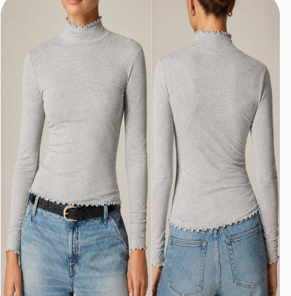 NEW J.CREW Lettuce Ruffle Trimmed Turtleneck Top Light Gray XXS